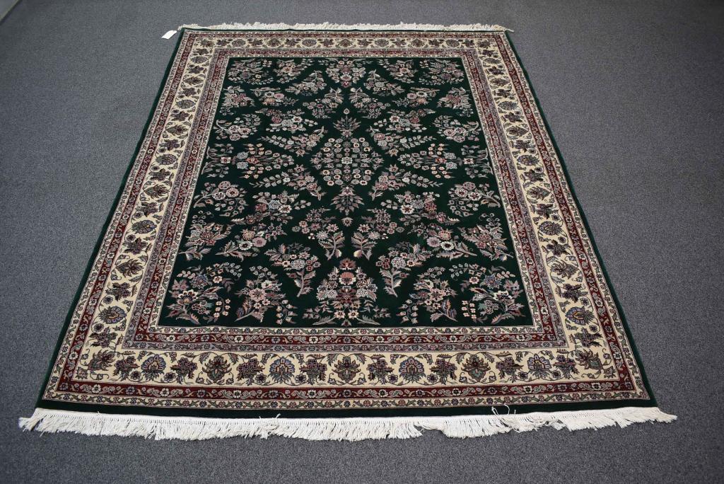 APPROX. 7'9" X 9'10" PERSIAN HANDMADE FLORAL RUG: NICE CLEAN RUG--GREEN FIELD