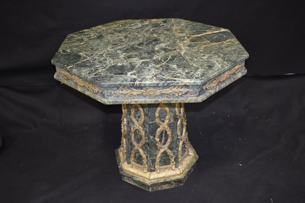 LARGE FRENCH STYLE GREEN MARBLE CENTER TABLE: 37" X 37" TOP--32" TALL--HAS BRONZE ORMOLU