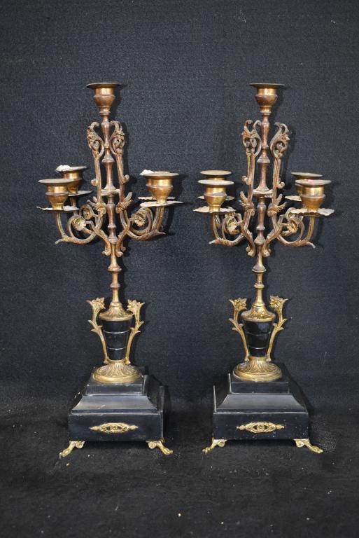 PR. MARBLE & BRONZE CANDELABRAS: 17" H -- GOOD CONDITION