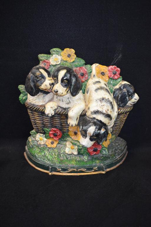 ANTIQUE PUPPIES IN BASKET CAST IRON DOORSTOP: 12" TALL X 13" WIDE