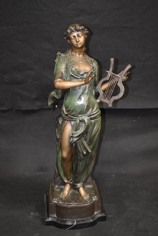 TALL BRONZE LADY W/ HARP STATUE: 34" TALL