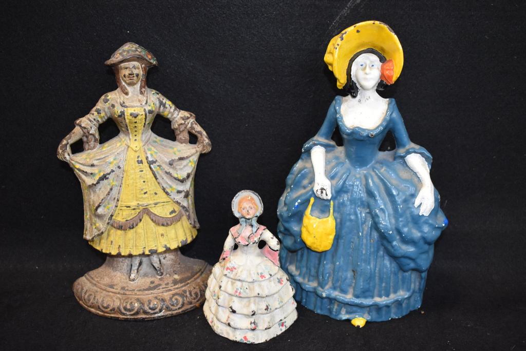 3 VICTORIAN LADY ANTIQUE CAST IRON DOORSTOPS: 5" TALL TO 10 1/4" TALL
