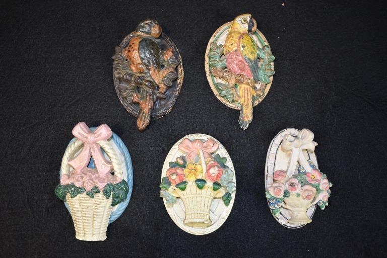 5 ANTIQUE CAST IRON DOOR KNOCKERS: 4 TO 4 1/2" TALL--2 PARROTS & 3 FLOWER BASKETS