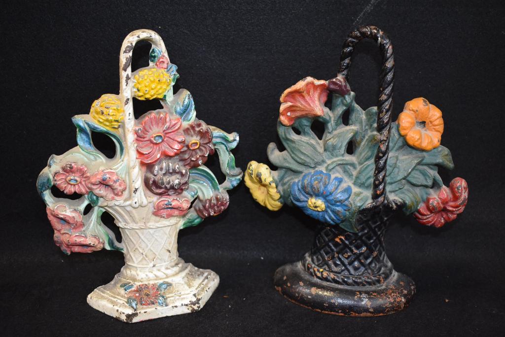 2 TALL ANTIQUE FLOWER BASKET CAST IRON DOORSTOPS: 9 1/2" TALL & 9 3/4" TALL