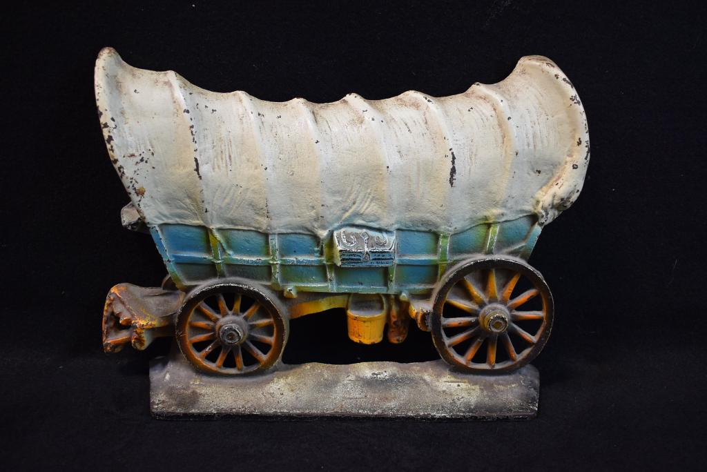 ANTIQUE CONESTOGA COVERED WAGON CAST IRON DOORSTOP: 8 1/2" TALL X 11 1/2" LONG--DATED 1930