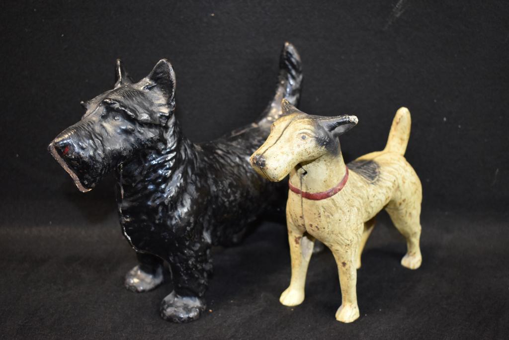2 ANTIQUE TERRIER CAST IRON DOG DOORSTOPS: 11" LONG X 9" TALL & 8" LONG X 7" TALL