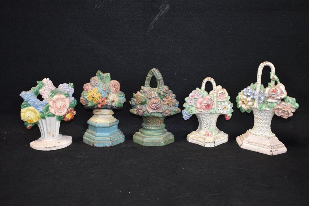 LOT OF 5 ANTIQUE CAST IRON FLOWER BASKET DOORSTOPS: INCL.: HUBLEY #479, #152, & #8