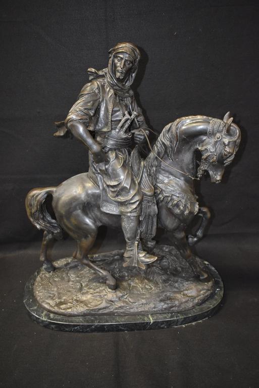 LARGE "ARABIAN HUNTER" BRONZE BY BARYE: 29 1/2" TALL X 26" WIDE ON MARBLE BASE--SIGNED ANTOINE-LOUIS BARYE
