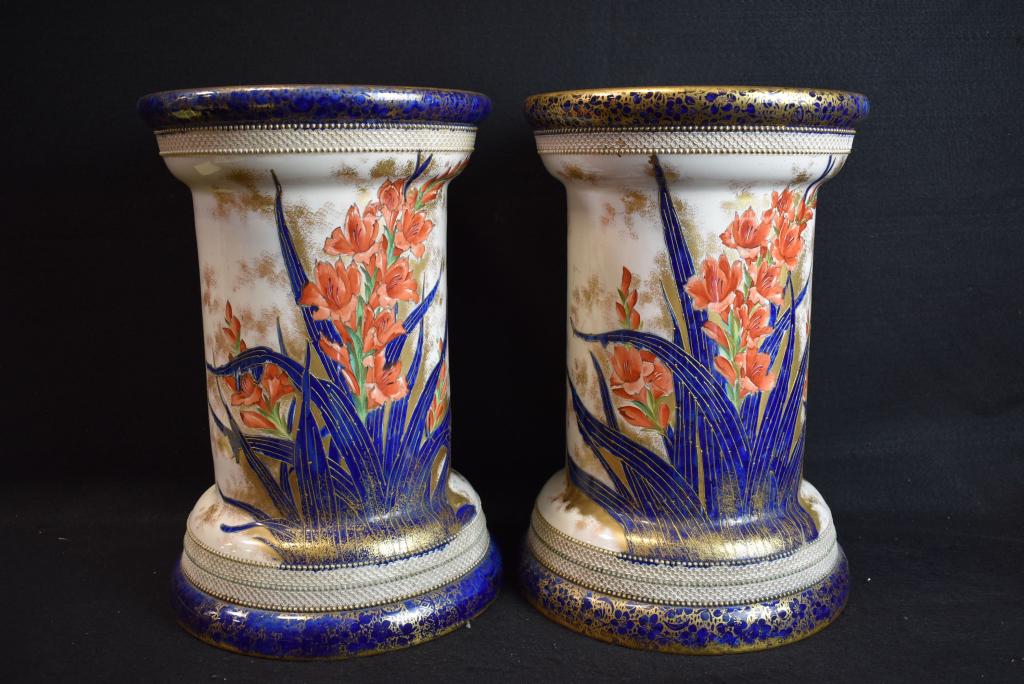 PAIR CARLTON WARE FLOW BLUE PEDESTALS: 15 1/4" TALL--FLORAL LILY PATTERN WITH GOLD HIGHLIGHTS--SOME WEAR TO GOLD--STAMP ON BASE