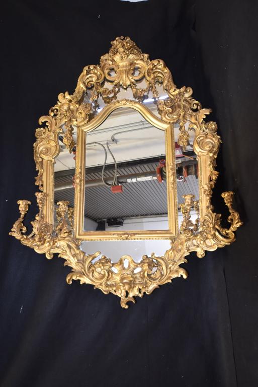 1900'S GOLD GILT FRENCH WALL MIRROR W/ SCONCES: 5' TALL X 42" WIDE--WOOD & GESSO--SOME CRACKING TO GESSO
