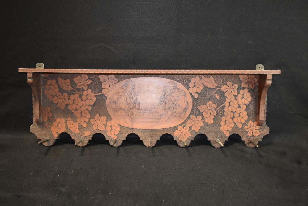 HANGING PYROART COAT RACK SHELF W/ PUB SCENE: 45" x 5 1/2" x 16"