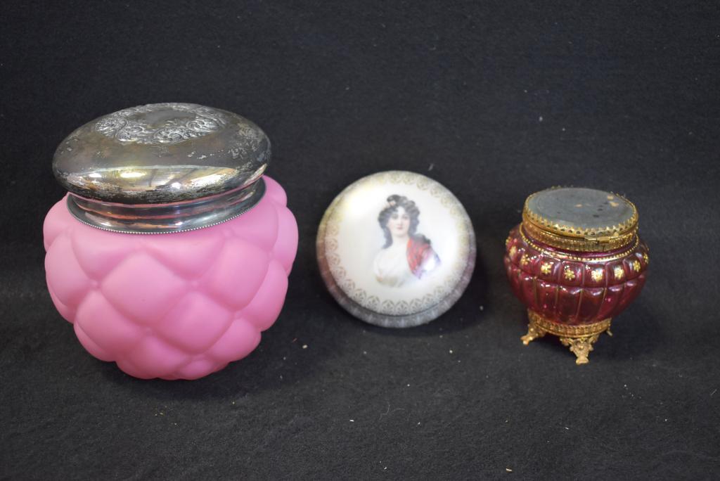 3 VICTORIAN DRESSER JARS: SATIN GLASS W/ SILVERPLATE TOP 6 1/2" TALL X 6 1/2" DIAMETER--CRANBERRY GLASS W/ METAL FOOTED BOTTOM--SMALL BAVARIAN PORCELAIN PORTRAIT BOX