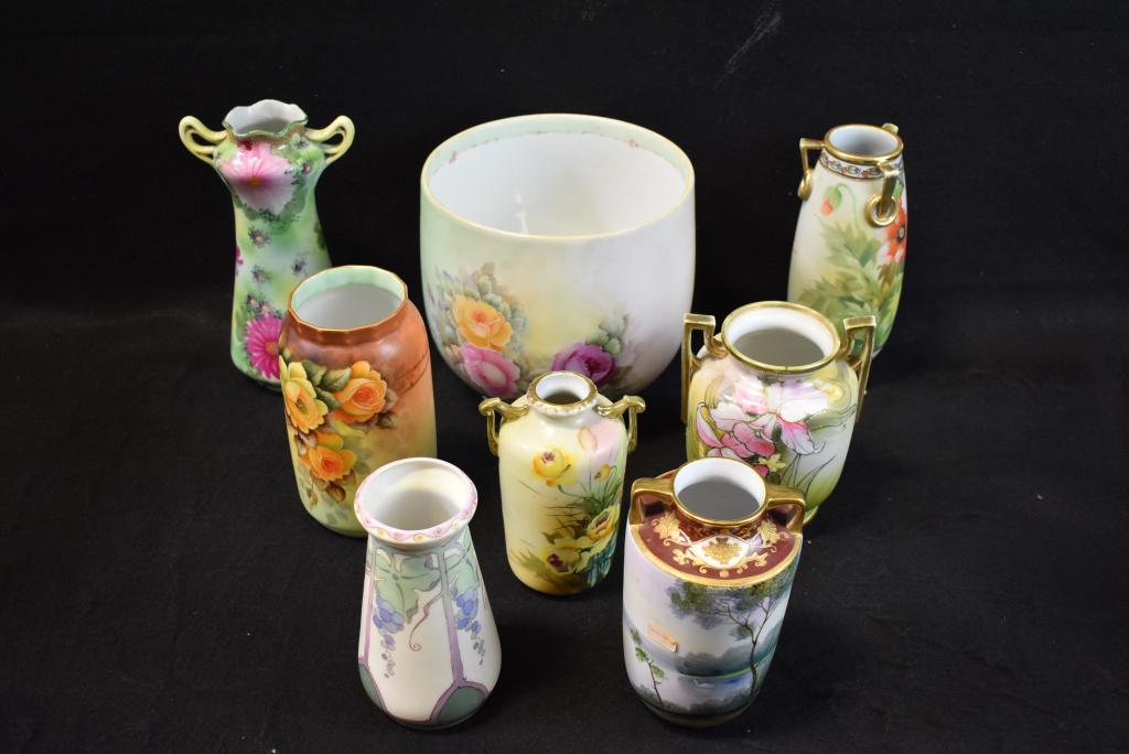 LOT OF 8 HAND PAINTED PORCELAIN VASES: RANGING IN SIZE FROM 6 1/4" TO 9" TALL--NIPPON, NORITAKE, & BAVARIA TO NAME A FEW