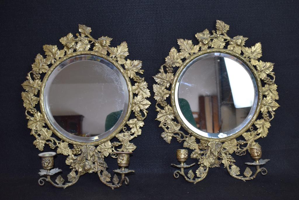 PAIR VICTORIAN GILT METAL MIRRORED WALL SCONCES: 16" TALL--GRAPE VINE PATTERN--CHIP TO ONE MIRROR