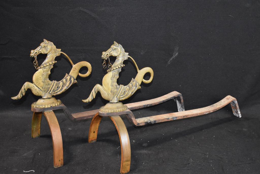PR. ANTIQUE BRONZE & IRON SEAHORSE ANDIRONS: SOME OXIDATION -- 30" L x 16" H