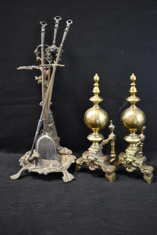 PR. FRENCH ANDIRONS W/ HUNT SCENE TOOL SET: CHERUB FACE W/ BRASS BALL ANDIRONS -- 17" TALL -- 3 PC. DOG HUNT PATTERN TOOL SET -- 22" TALL -- SHOVEL,. POKER, TONGS