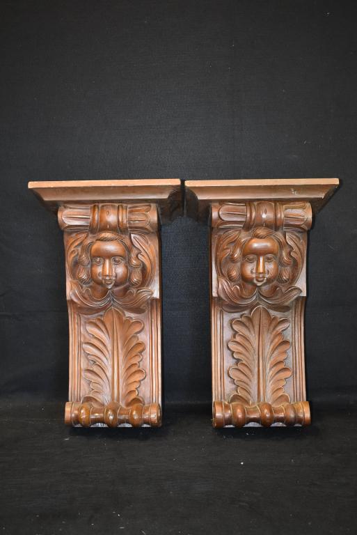PR. CARVED WOODEN FIGURAL CORBELS: CHERUB DESIGN -- 25 1/2" x 12"