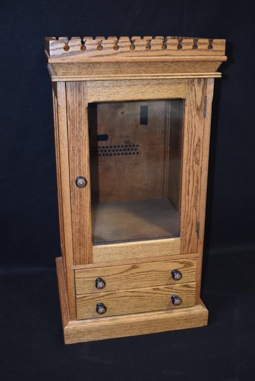 MODERN OAK 1 DOOR CABINET W/ 2 DRAWERS: 16 1/4" x 16 1/4" x 31 1/2"