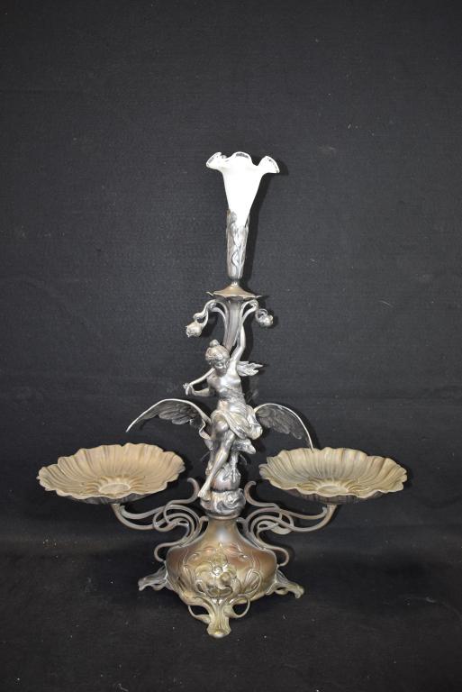 VICTORIAN SILVERPLATED FIGURAL EPERGNE: NUDE ON EAGLE -- INSERT NOT ORIGINAL -- 25 1/2" H x 22" W