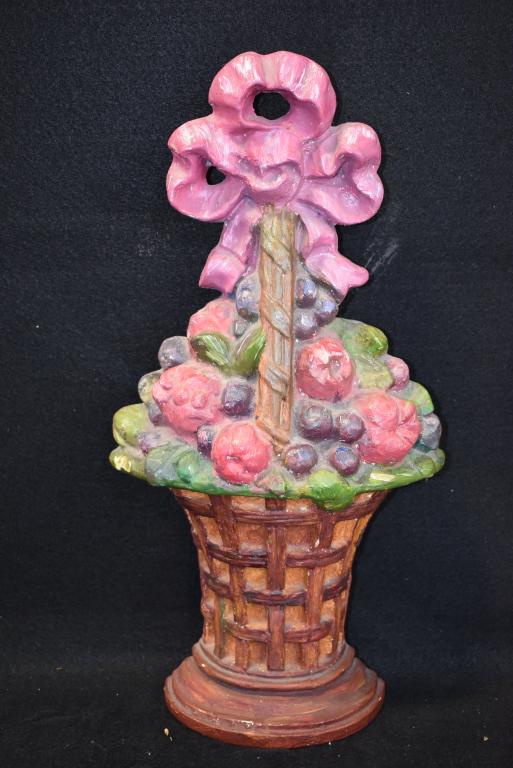 ANTIQUE TALL CAST IRON FLOWER BASKET DOORSTOP: 15 1/2" TALL--UNSIGNED HUBLEY--APPEARS TO BE REPAINTED