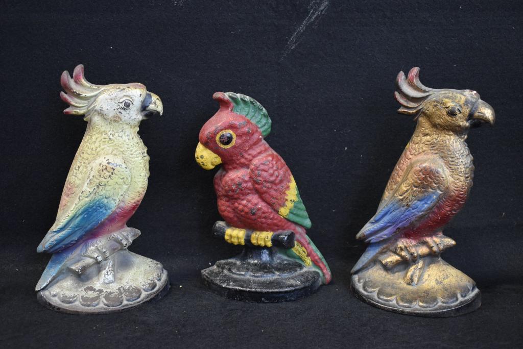 3 ANTIQUE CAST IRON COCKATOO DOORSTOPS: 8" & 9" TALL--2 DATED 1930