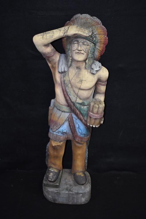 CARVED WOODEN INDIAN CHIEF W/ CIGARS: TOBACCO OR CIGAR STORE INDIAN-- 38" H--NOT ANTIQUE--SOME CRACKS