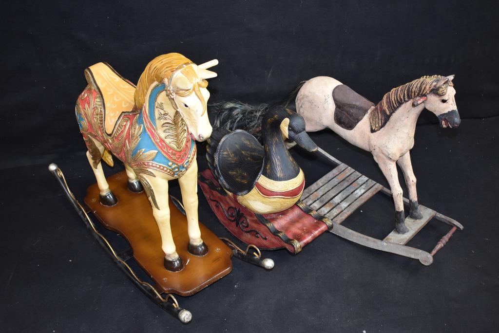 2 CONTEMPORARY ROCKING HORSES & ROCKING GOOSE: 32" LONG x 24" TALL -- 32" LONG x 29" TALL -- MISSING HANDLE -- 20" LONG x 20" TALL--ALL ARE MADE OF COMPOSITION