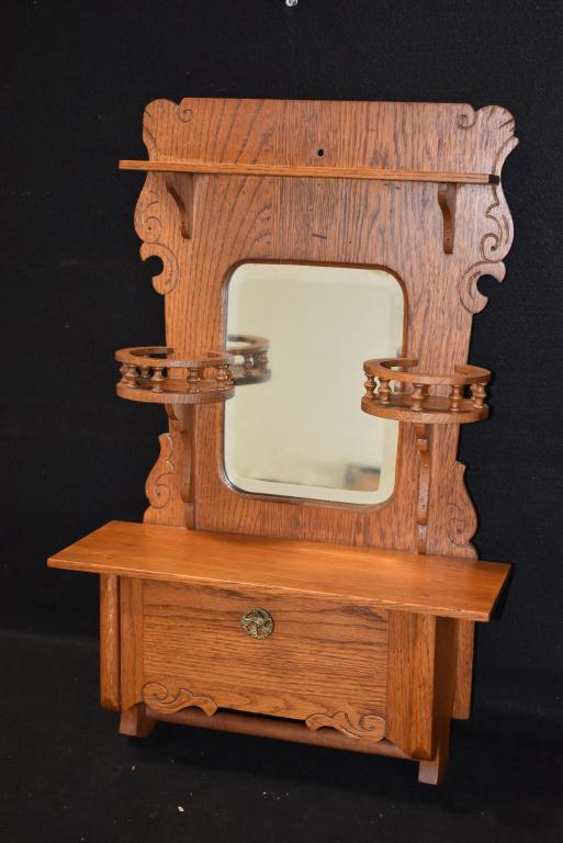 VICTORIAN OAK HANGING SHAVING MIRROR CABINET: 26" TALL X 17" WIDE