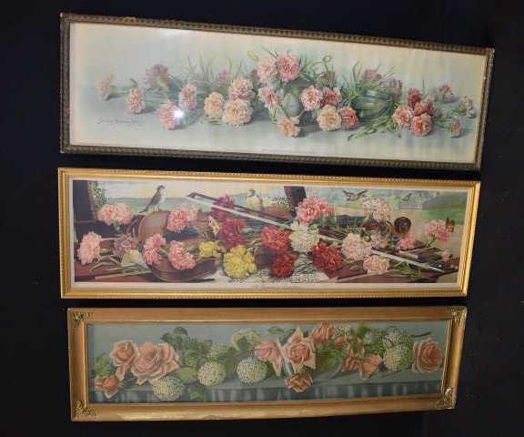 3 ANTIQUE YARD LONG PRINTS: CARNATIONS & ROSES--DAMAGE TO 2 FRAMES