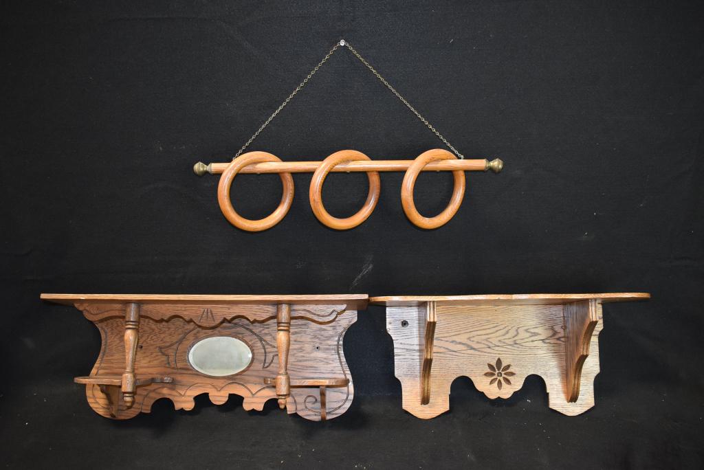 3 ANTIQUE OAK WALL SHELVES: 2 CLOCK SHELVES (24" WIDE X 7" DEEP & 21 1/4" WIDE X 7" DEEP)--TOWEL RACK 22 1/2" LONG--SOME SMALL CRACKS