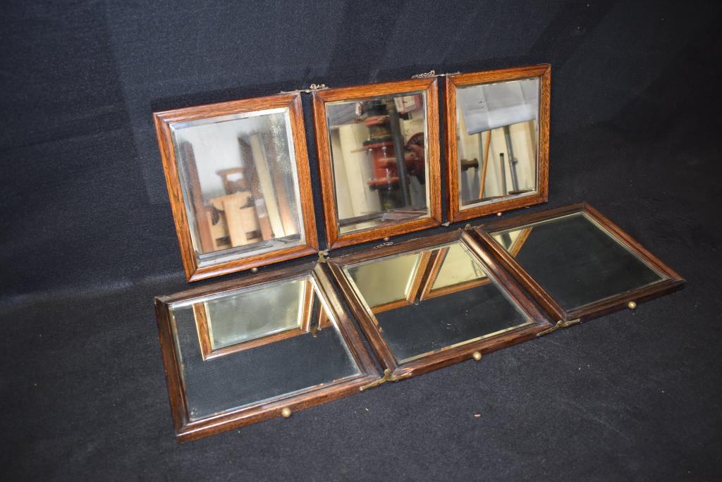 2 ANTIQUE TRI FOLD OAK SHAVING MIRRORS: 11 1/4" X 11 1/4" & 9 1/2" X 11 1/2" CLOSED