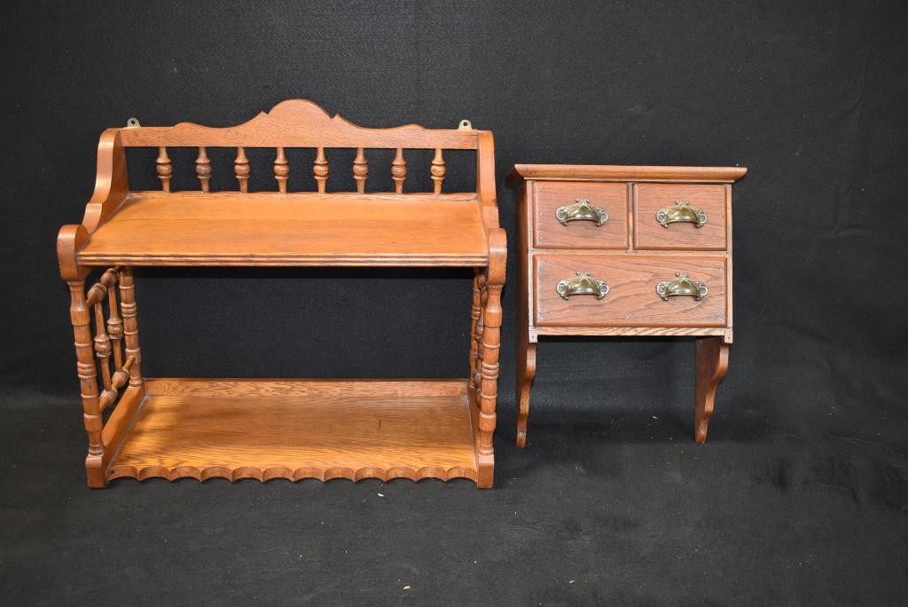 2 VICTORIAN OAK WALL SHELVES: 19" TALL X 22" WIDE--1 WITH 3 DRAWERS IS 16" TALL X 13 1/4" WIDE