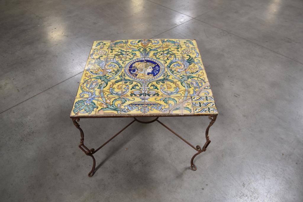 ITALIAN TILE TOP IRON BASE PATIO DINING TABLE: 36 1/2" WIDE X 36 1/2" DEEP X 29" TALL--TILE TOP IS ASIS (SEE PHOTOS)