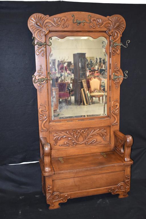1900'S AM. OAK CARVED HALL TREE WITH SEAT: 45" WIDE X 18" DEEP X 84" TALL--SILVERING IS BAD ON MIRROR--WEAR TO BENCH FINISH