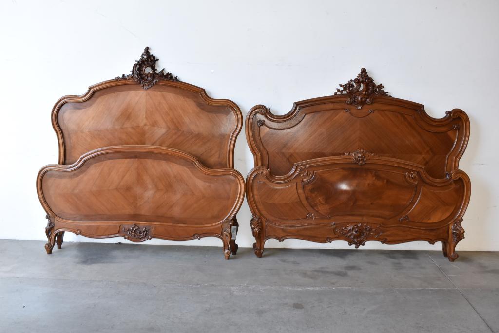 2 ANTIQUE CARVED WALNUT FRENCH FULL SIZE BEDS: NO RAILS