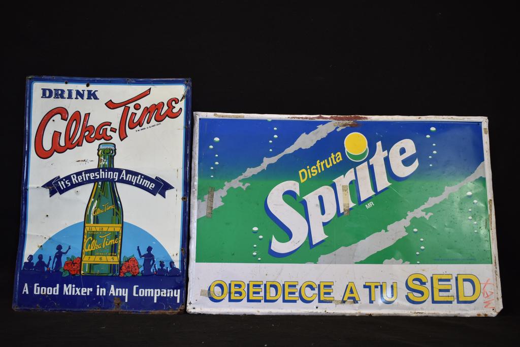 2 VINTAGE TIN ADVERTISING SIGNS: SPANISH SPRITE 36" x 24" -- SURFACE SCRATCHES THROUGHOUT --- ALKA-TINE DRINK 20" x 28" -- FOLDED AND HOLES THROUGHOUT W/ SCRATCHES