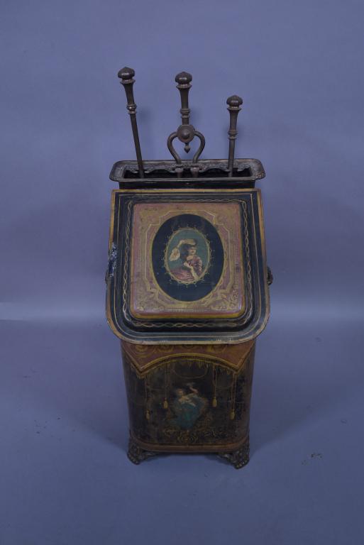 VICTORIAN TOLE PAINTED COAL SCUTTLE WITH TOOLS (1 of 7)