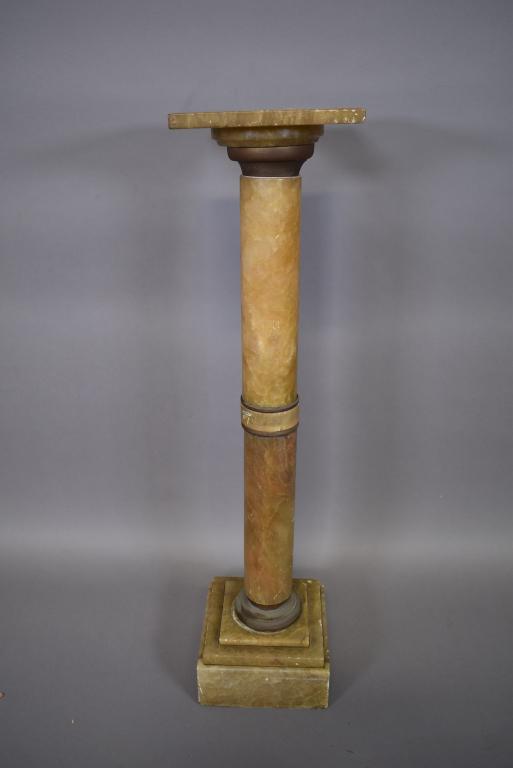 1920'S ALABASTER & METAL PEDESTAL: 37" TALL--TOP IS 9" X 9"--SCRATCHES TO ALABASTER