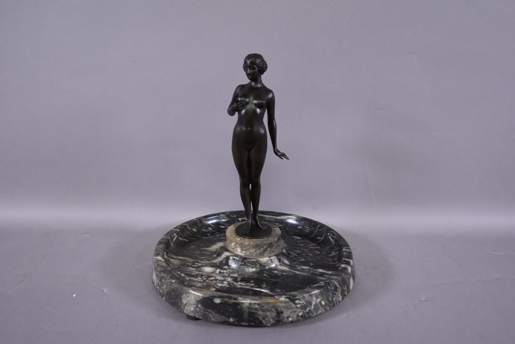 EUGENE WAGNER BRONZE NUDE LADY ON MARBLE TRAY: 13" TALL X 12" DIAMETER--STATUE IS POSSIBLY MISSING SOMETHING THAT WOULD HAVE BEEN ON HER CHEST