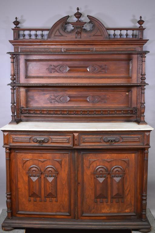 EALRY 1900'S CARVED OAK MARBLE TOP SIDEBOARD (1 of 7)