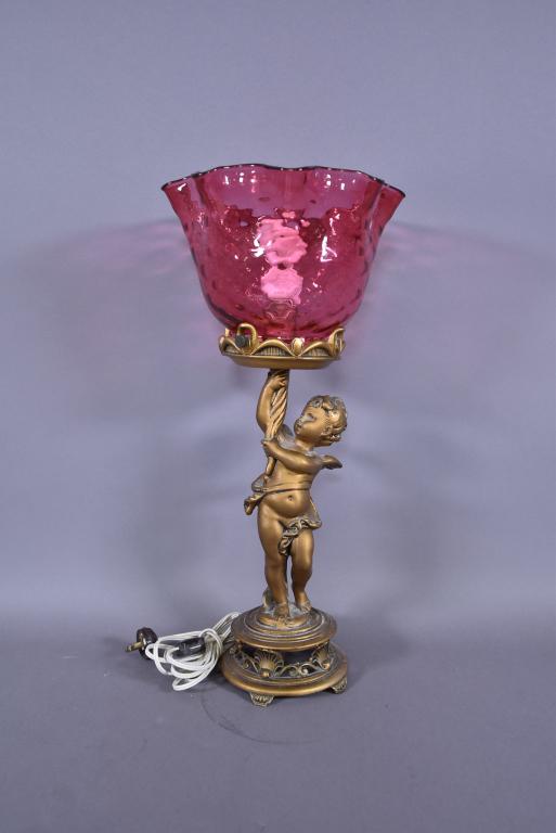 BRONZE CHERUB LAMP W/ CRANBERRY GLASS SHADE (1 of 3)
