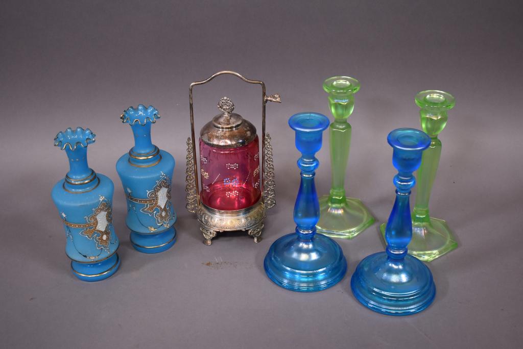 LOT OF COLORED GLASSWARE INCL.: VIC. PICKLE CASTOR (1 of 1)