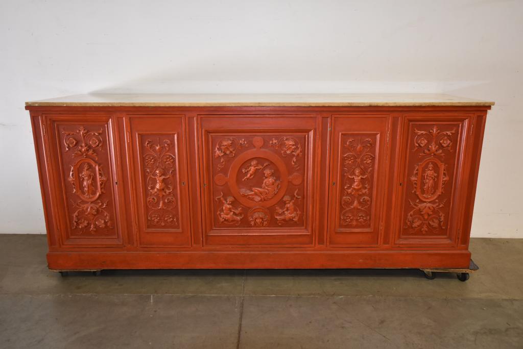 LARGE PAINTED ITALIAN 5 DOOR GRANITE TOP CREDENZA: 88" LONG X 24" DEEP X 35" TALL--CARVED DOORS W/ LADIES & CHERUBS--INTERIOR IS SHELVES & DRAWERS