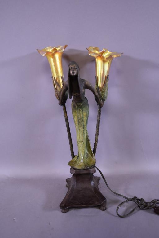 SIGNED GUSTAV GURSCHNER BRONZE ART NOUVEAU LAMP (1 of 5)