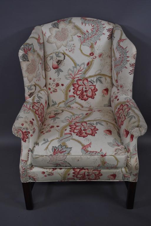 MAHOGANY WINGBACK FLORAL COVERED CHAIR (1 of 1)