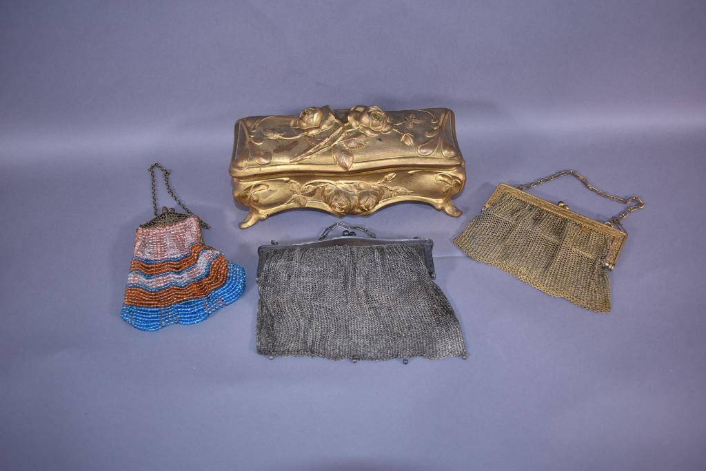 3 ANTIQUE PURSES & VICTORIAN METAL DRESSER BOX (1 of 8)