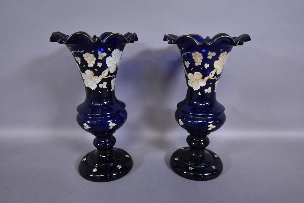 PAIR VICTORIAN COBALT GLASS RUFFLED EDGE VASES (1 of 2)