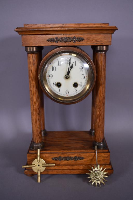 OAK PILLAR CLOCK W/ KEY & PENDULUM (1 of 2)