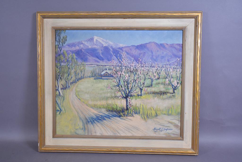 GUY L. CHAPMAN YUCAIPA CALIFORNIA O/B: PAINTING IS 20" X 24"--DATED 1949 & SIGNED LOWER RIGHT--ORIGINAL FRAME--NICE LANDSCAPE PAINTING