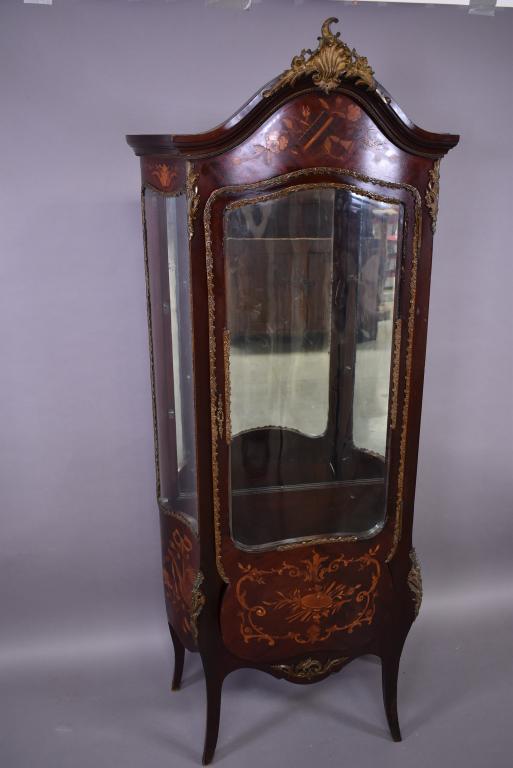 1900'S INLAID FRENCH CURVED GLASS CURIO CABINET (1 of 2)